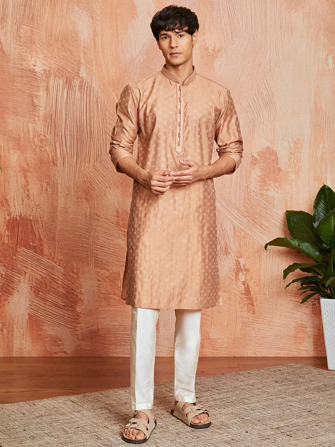 Men’s Peach Silk Blend Jacquard Kurta with Cream Pyjama