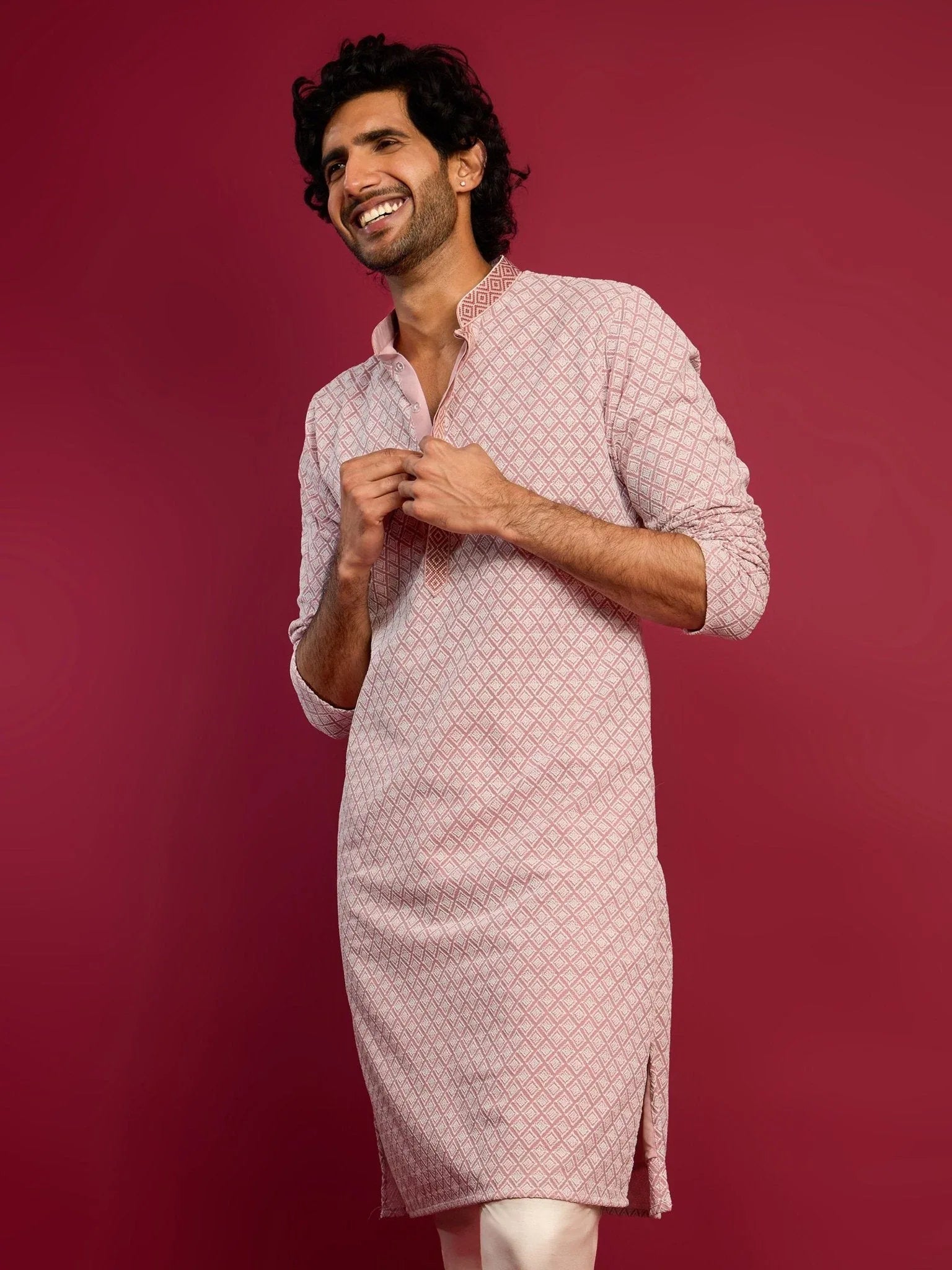 Men's Pink Faux Georgette Thread Embroidered Long Kurta
