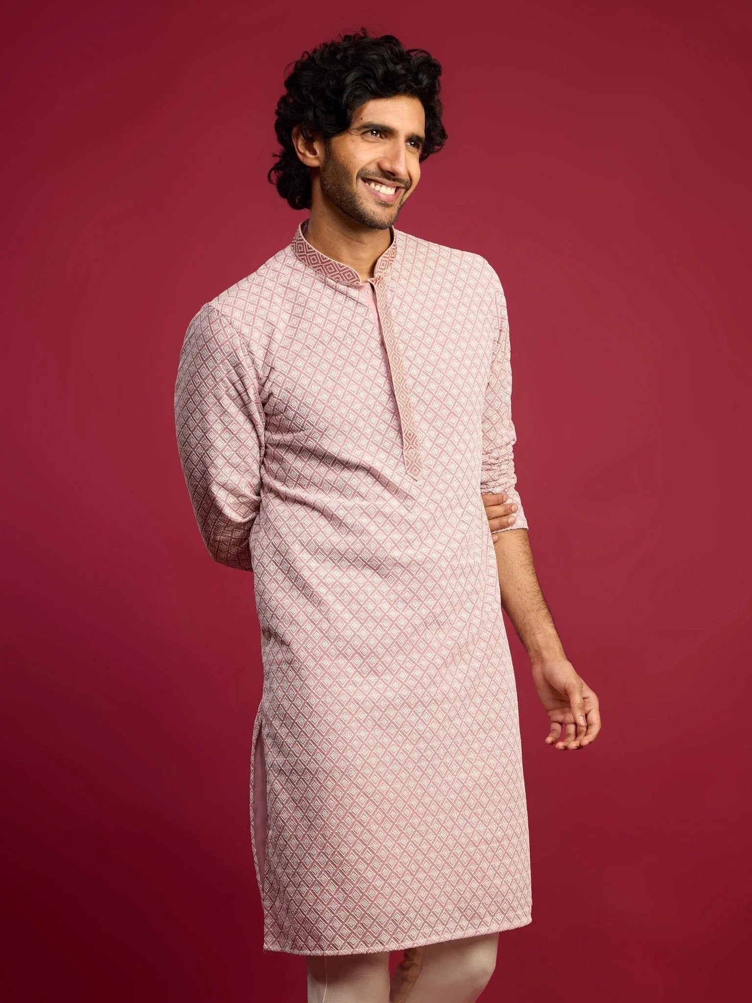 Men's Pink Faux Georgette Thread Embroidered Long Kurta