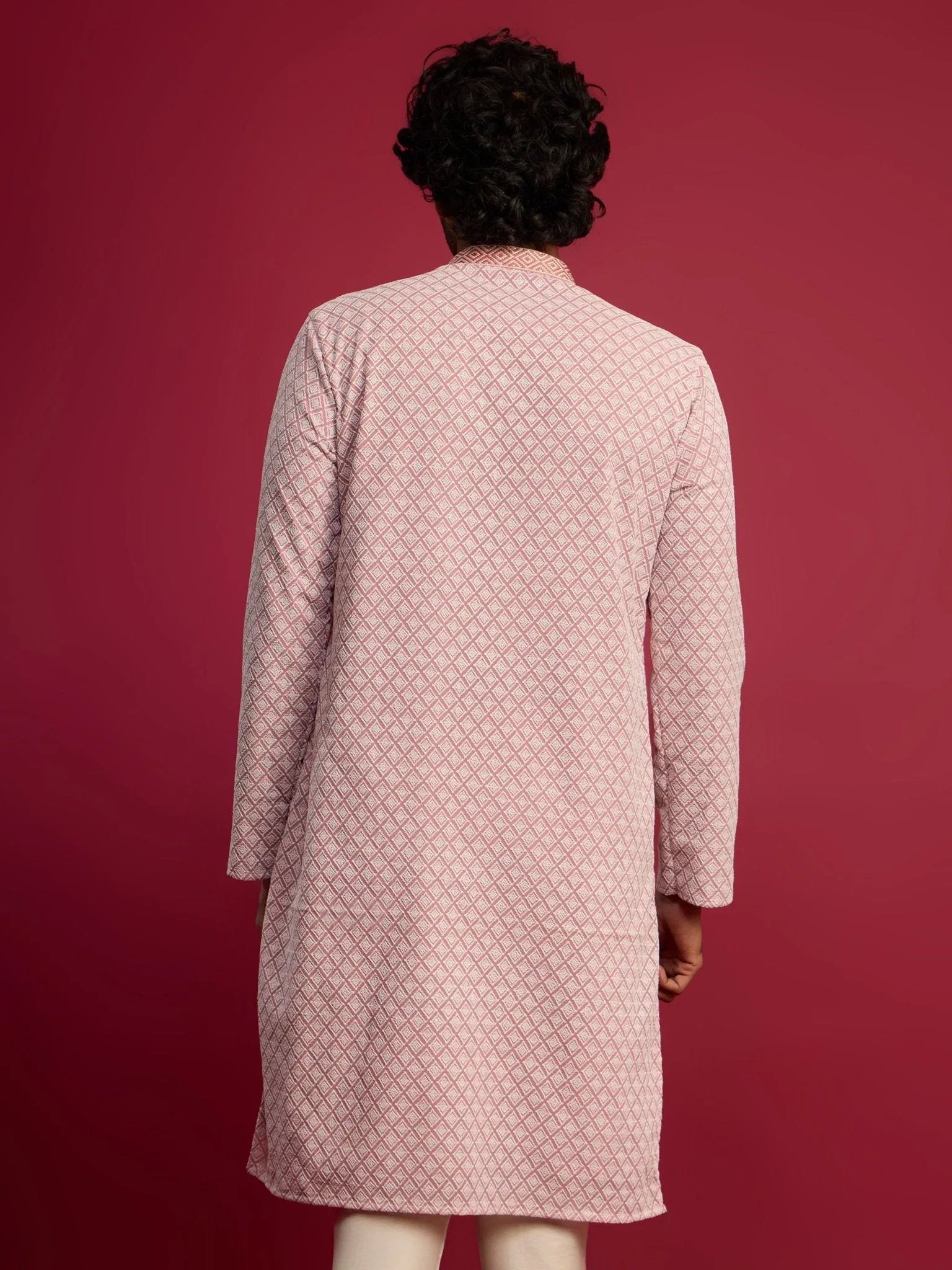 Men's Pink Faux Georgette Thread Embroidered Long Kurta