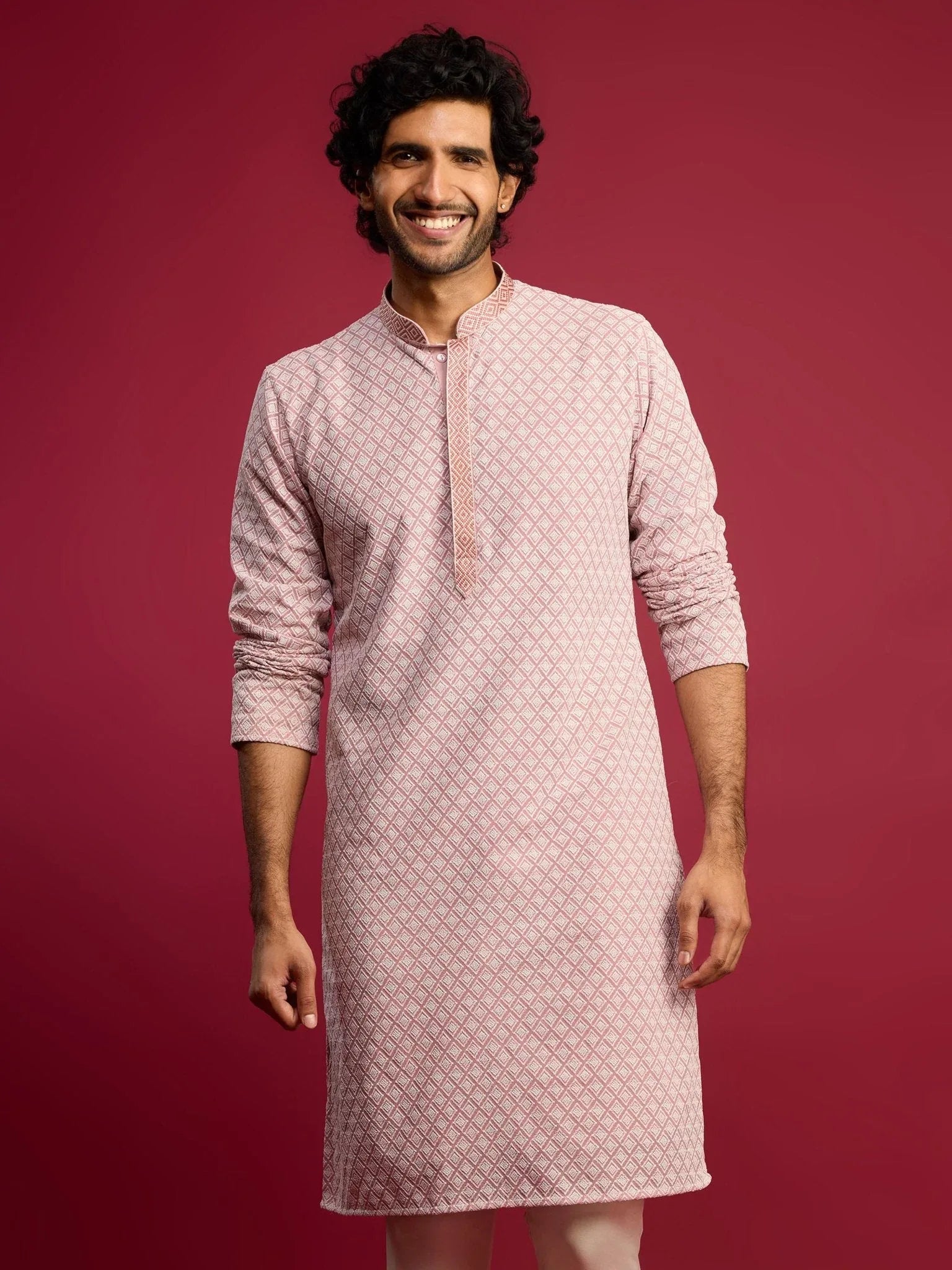 Men's Pink Faux Georgette Thread Embroidered Long Kurta