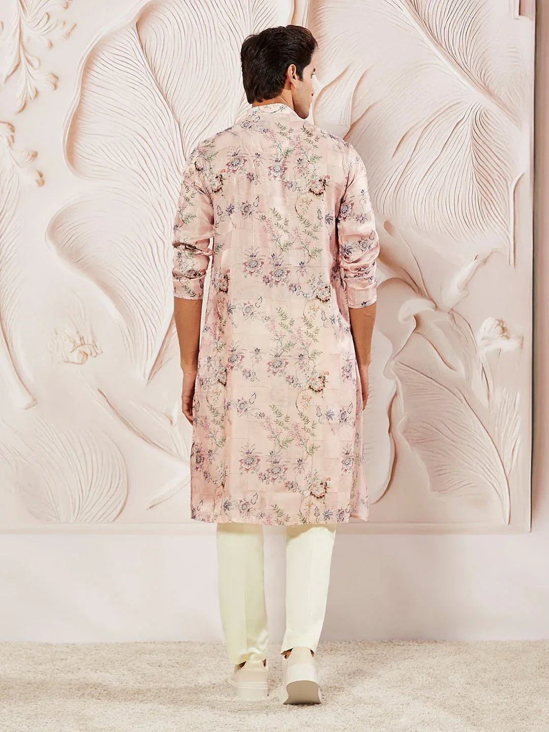 Men's Pink Printed Kurta Pyjama Set with Cream Viscose Pyjama