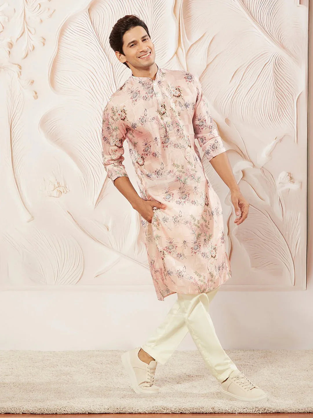 Men's Pink Printed Kurta Pyjama Set with Cream Viscose Pyjama