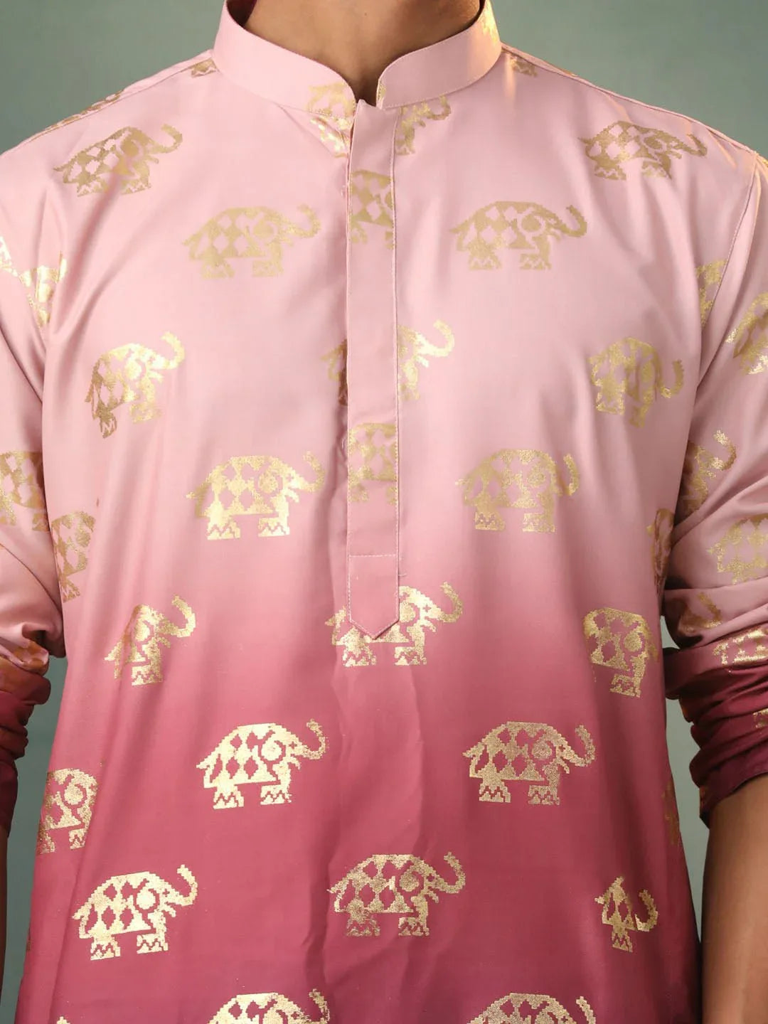 Men’s Pink Silk Blend Foil Elephant Print Kurta with Cream Pyjama Set