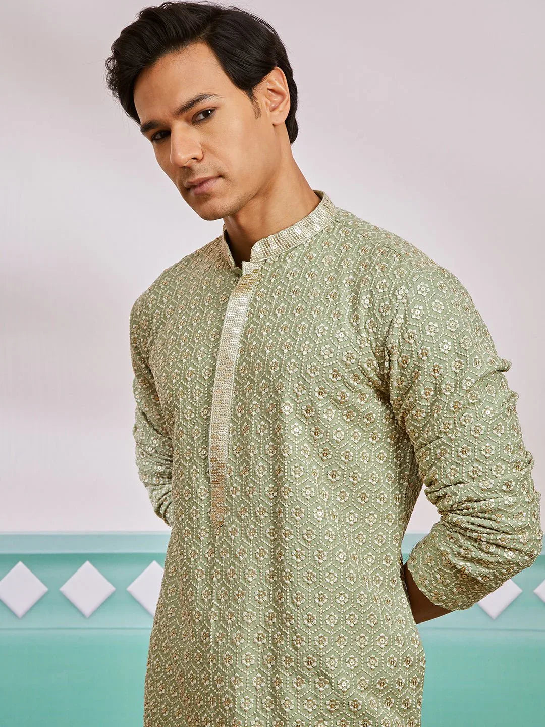 Men's Pista Green Chikankari Rayon Kurta with Cream Fine Satin Pyjama