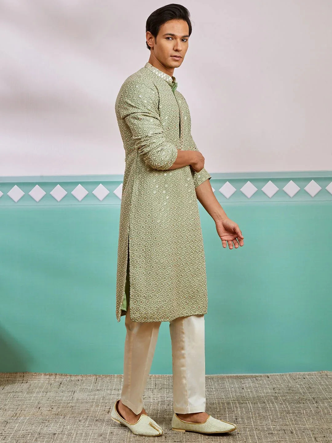 Men's Pista Green Chikankari Rayon Kurta with Cream Fine Satin Pyjama
