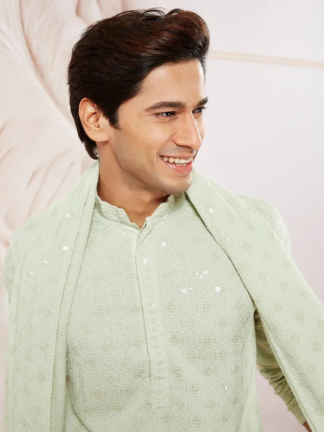 Men's Pista Green Rayon Kurta Pyjama Dupatta Set