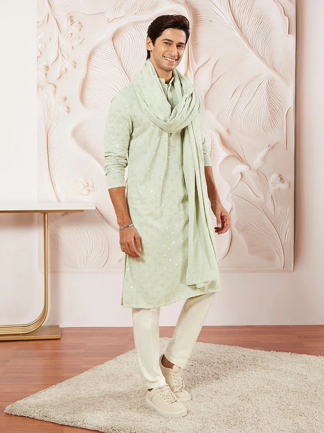 Men's Pista Green Rayon Kurta Pyjama Dupatta Set