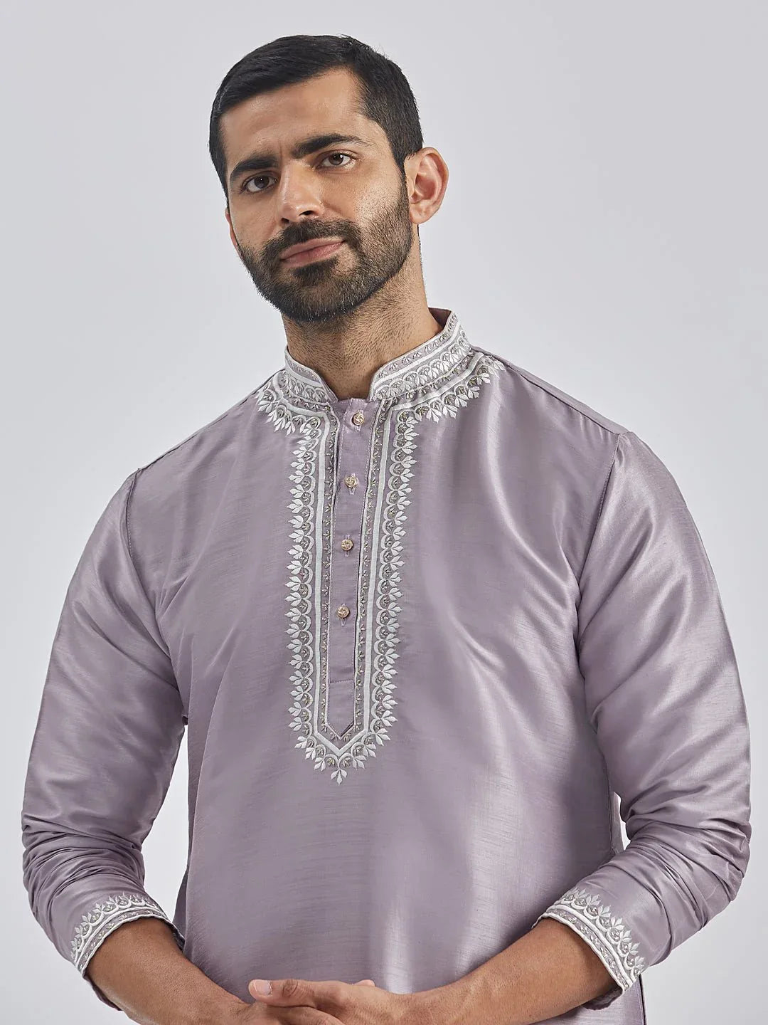 Men's Purple Hand Embroidered Silk Blend Kurta Pyjama Set