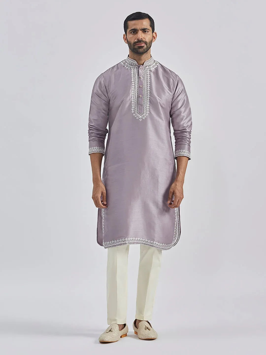 Men's Purple Hand Embroidered Silk Blend Kurta Pyjama Set