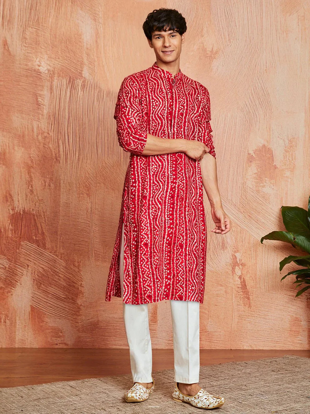 Men's Red Foil Bandhani Digital Print Rayon Kurta with Cream Viscose Pyjama