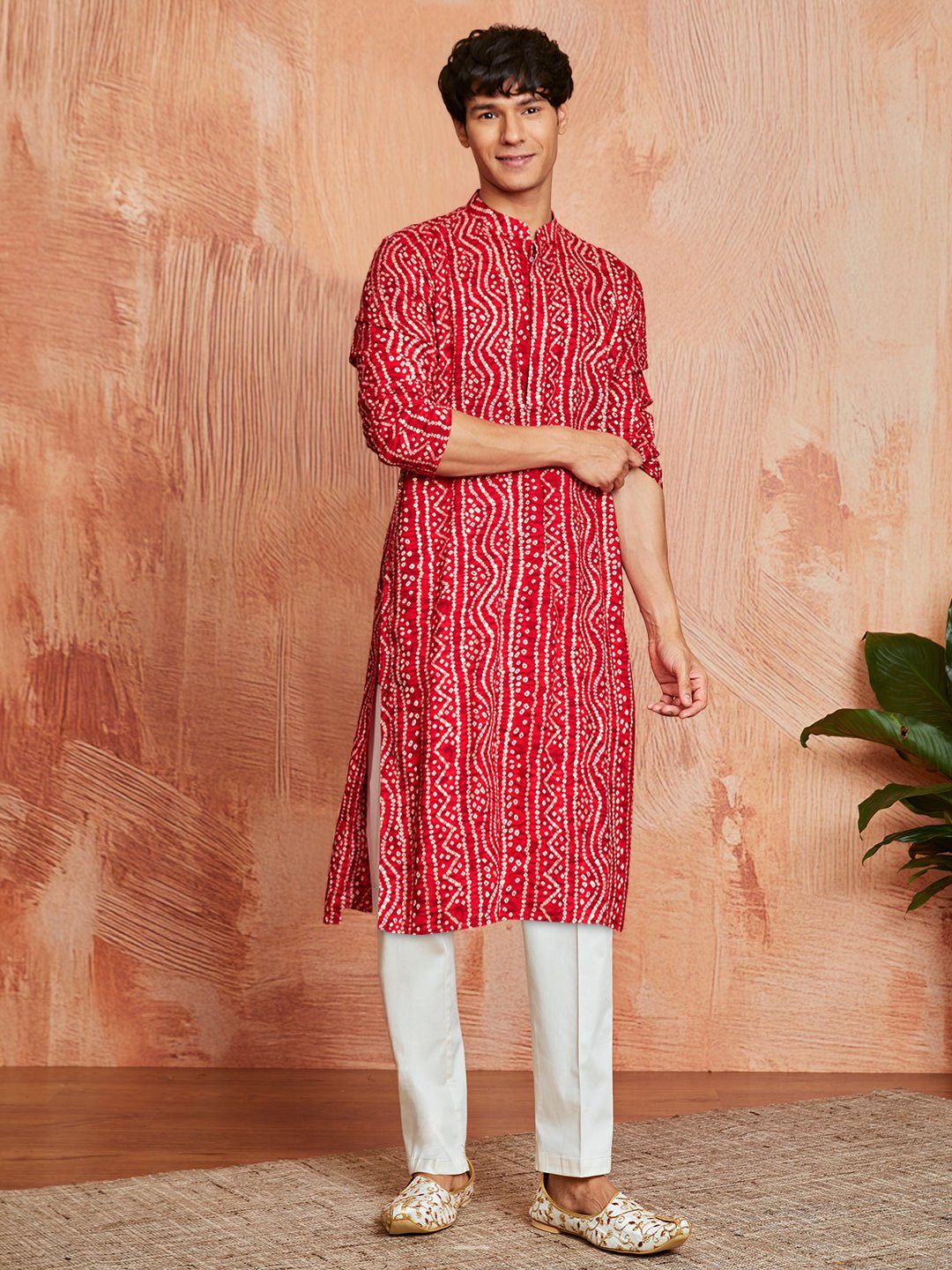 Men's Red Bandhni Foil Print Rayon Kurta with Cream Pyjama