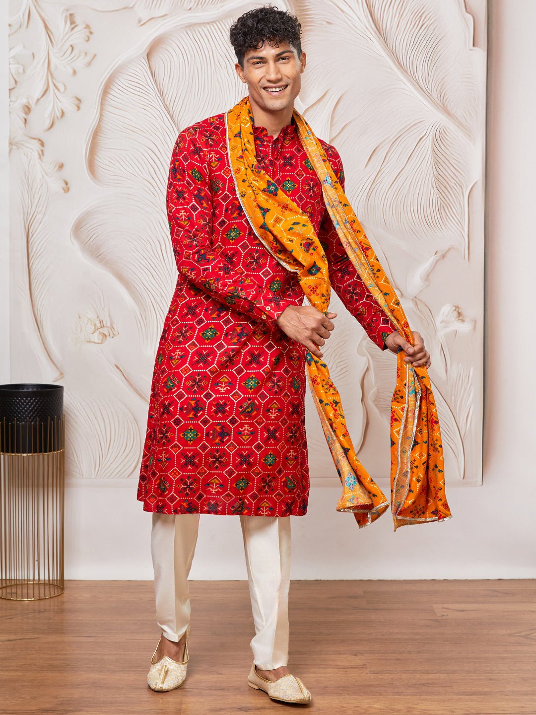 Men's Red Silk Blend Patola Kurta & Pyjama Set with Yellow Dupatta