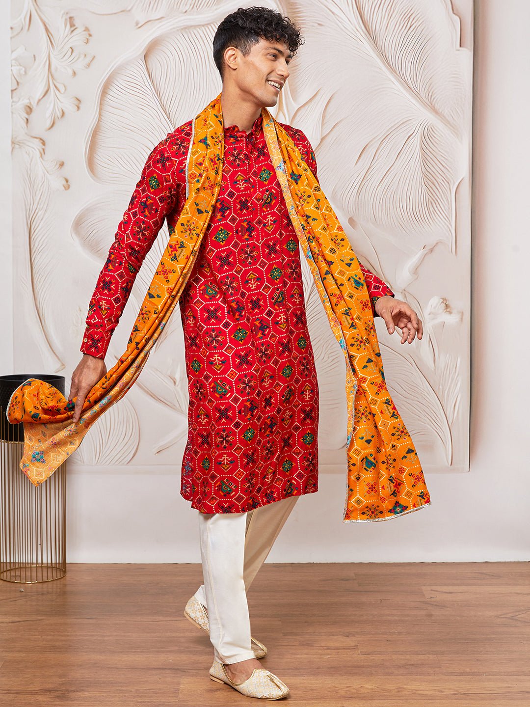 Men's Red Silk Blend Patola Kurta & Pyjama Set with Yellow Dupatta