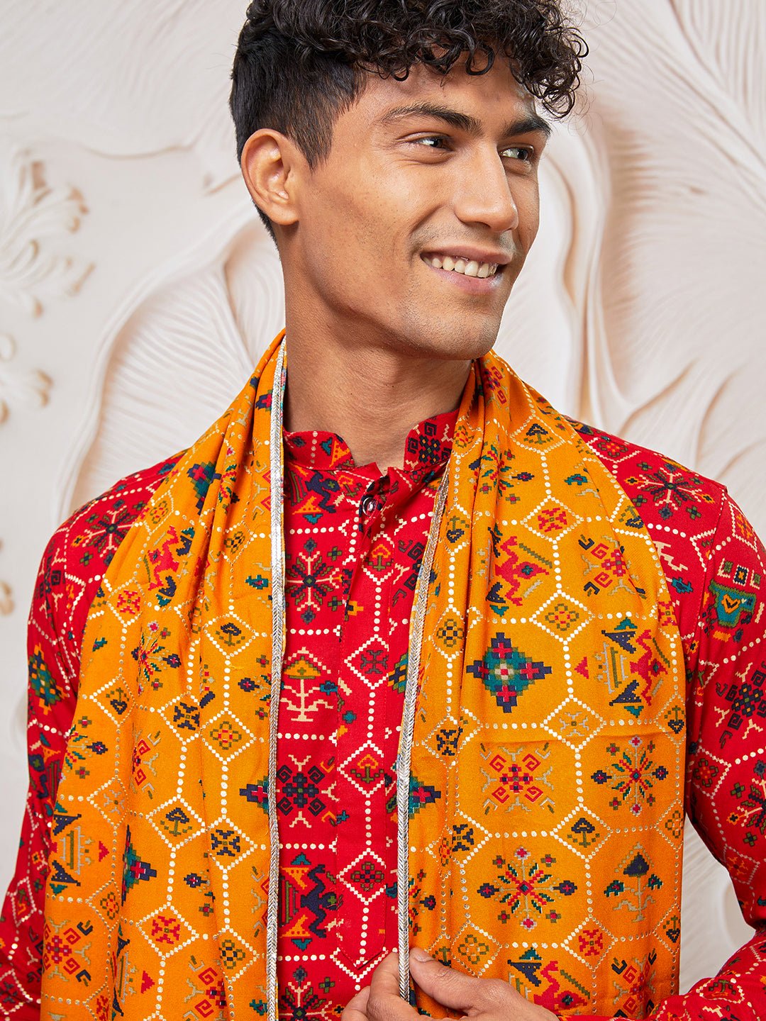 Men's Red Silk Blend Patola Kurta & Pyjama Set with Yellow Dupatta