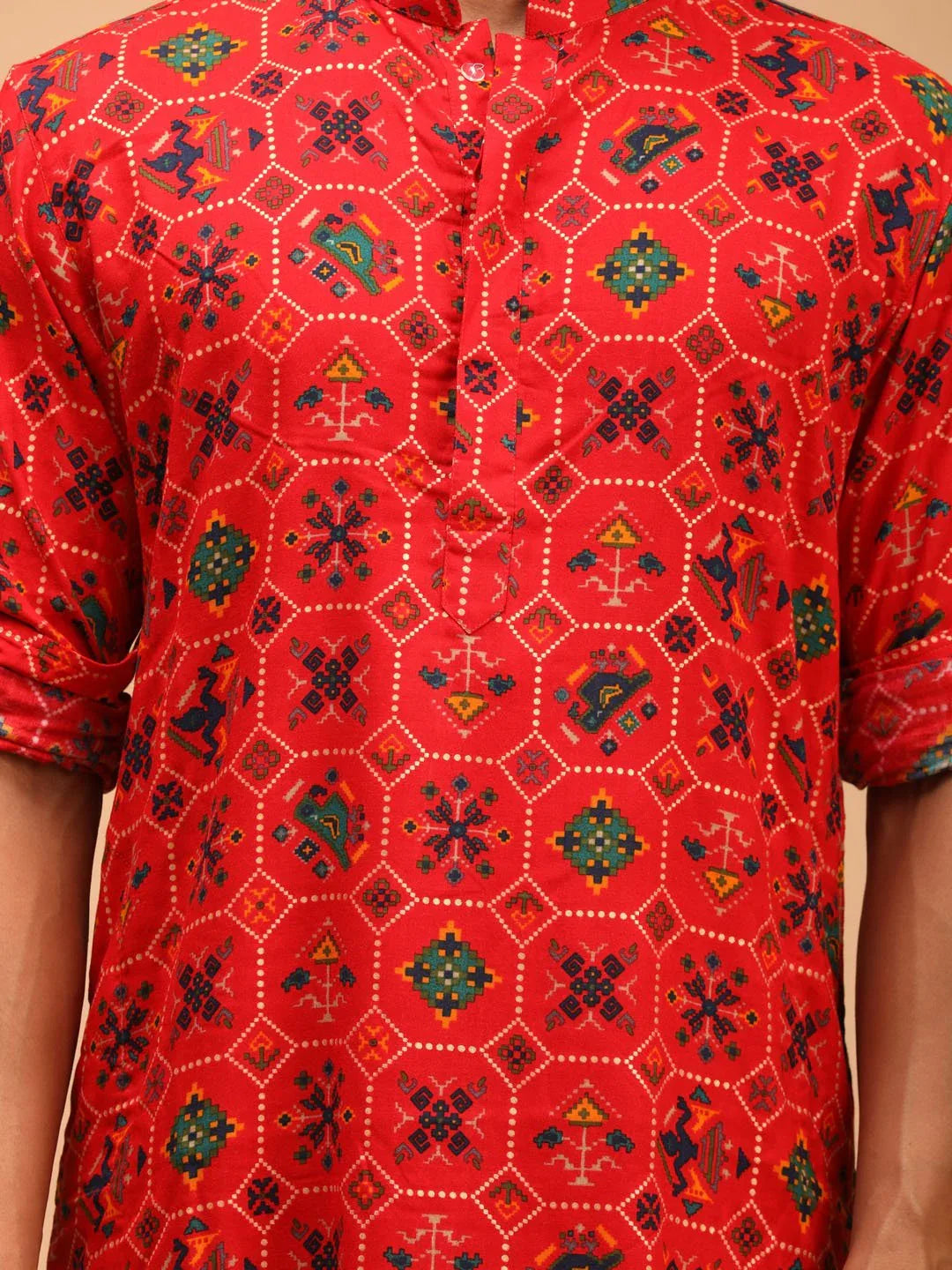 Men's Red Printed Kurta Pyjama Set with Cream Viscose Pyjama