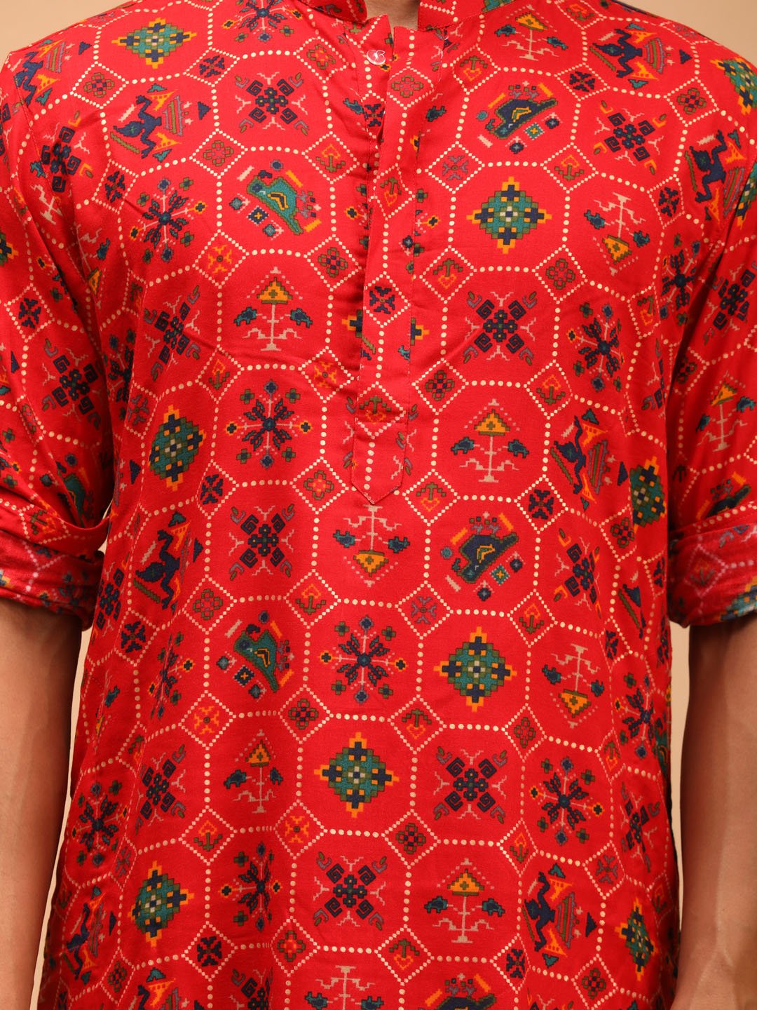 Men's Red Patola Kurta & Pyjama Set with Cream Viscose Pyjama