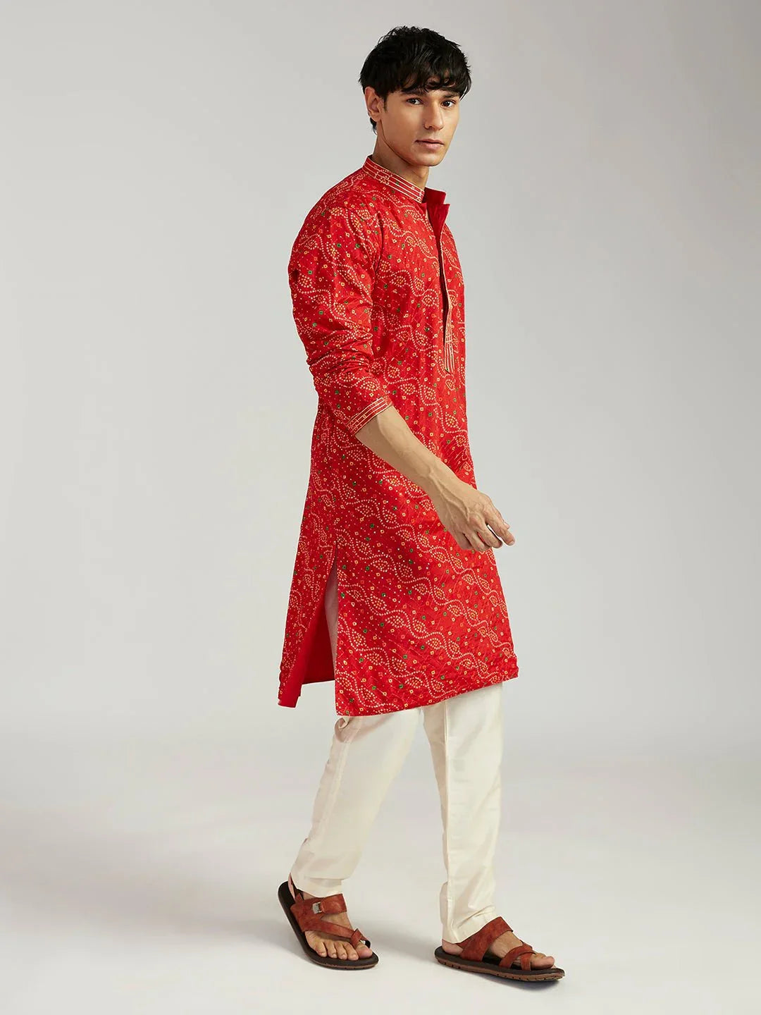 Men's Red Pure Chinon Bandhani Kurta with Cream Satin Pyjama