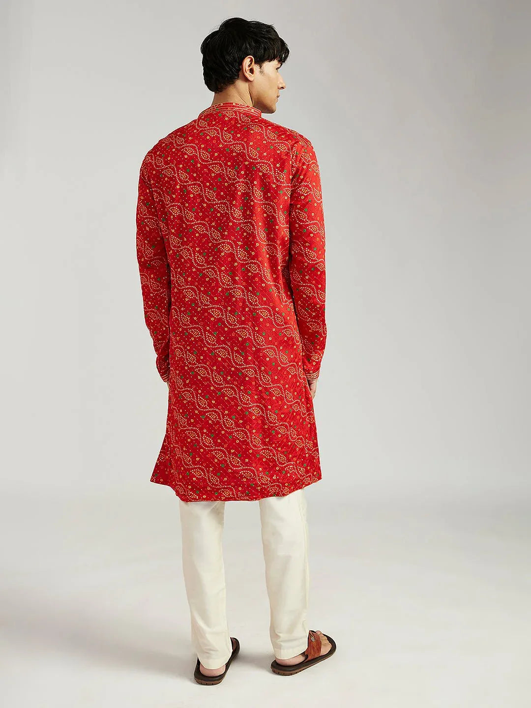 Men's Red Pure Chinon Bandhani Kurta with Cream Satin Pyjama