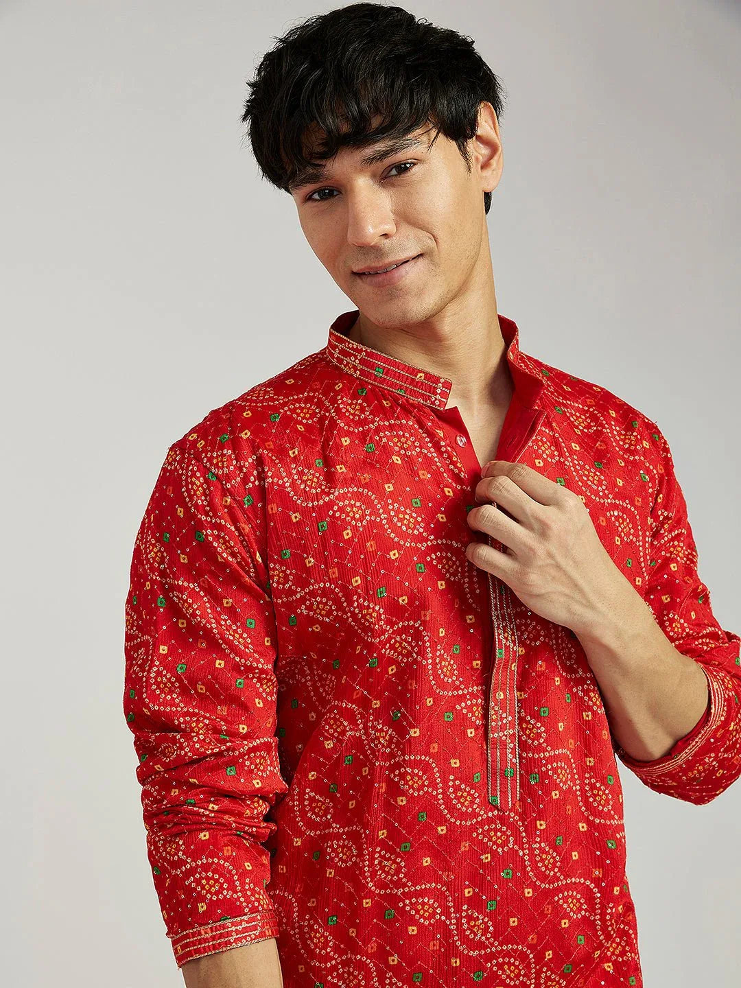 Men's Red Pure Chinon Bandhani Kurta with Cream Satin Pyjama