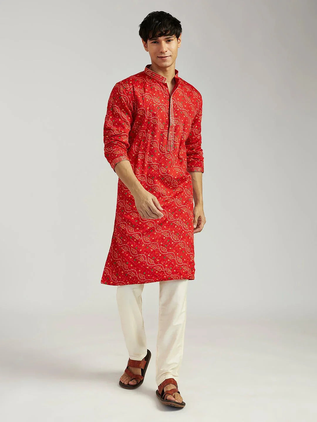 Men's Red Pure Chinon Bandhani Kurta with Cream Satin Pyjama