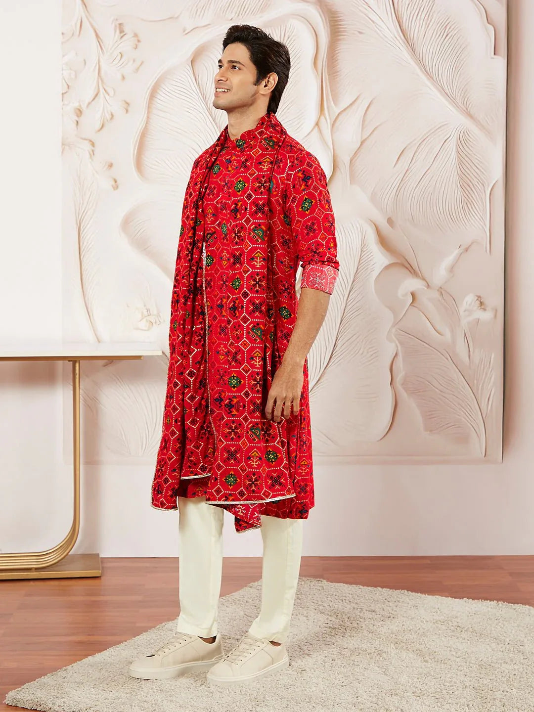 Men's Red Silk Blend Kurta Pyjama Dupatta Set