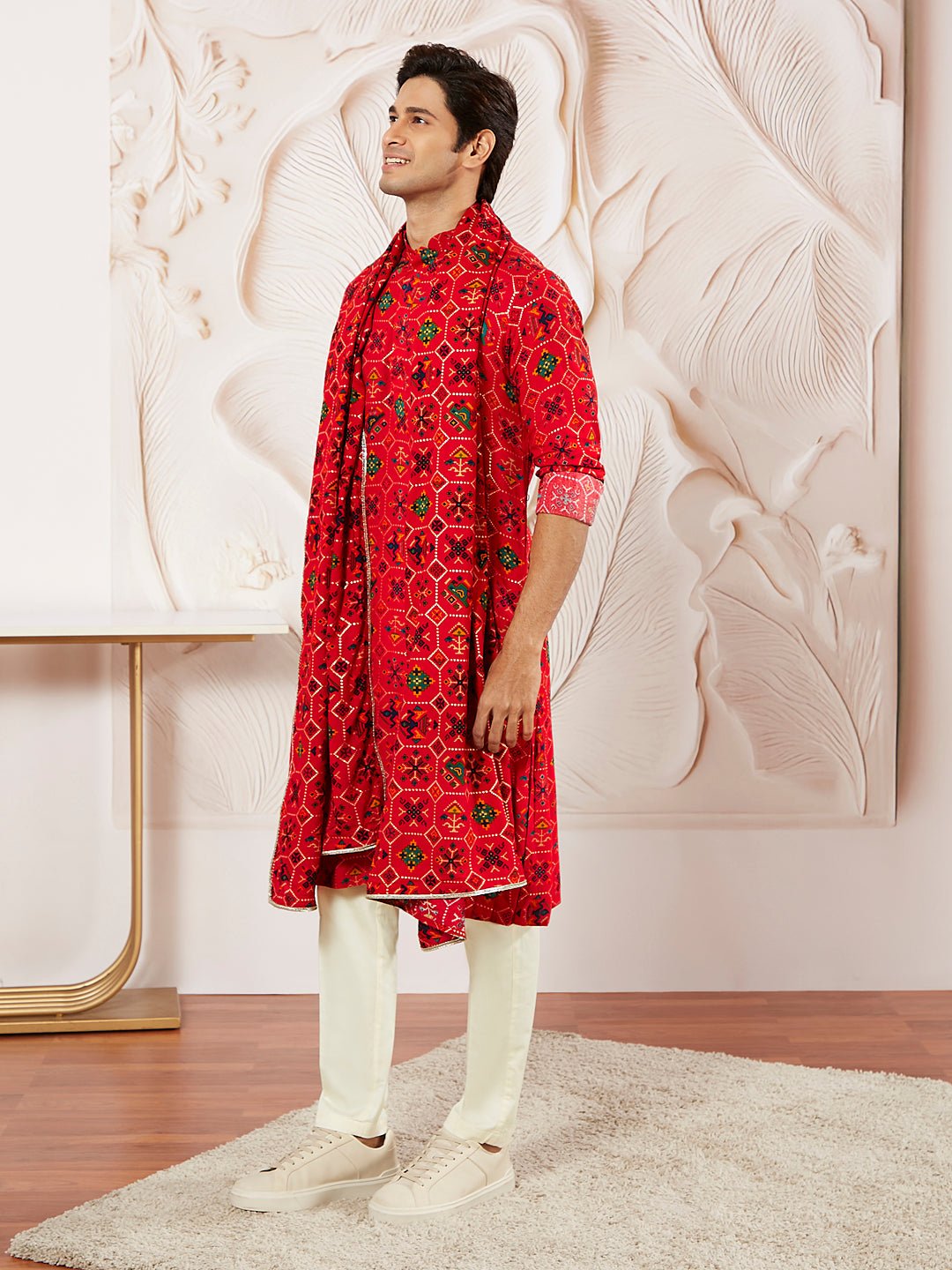 Men's Red Silk Blend Patola Kurta Pyjama & Dupatta Set