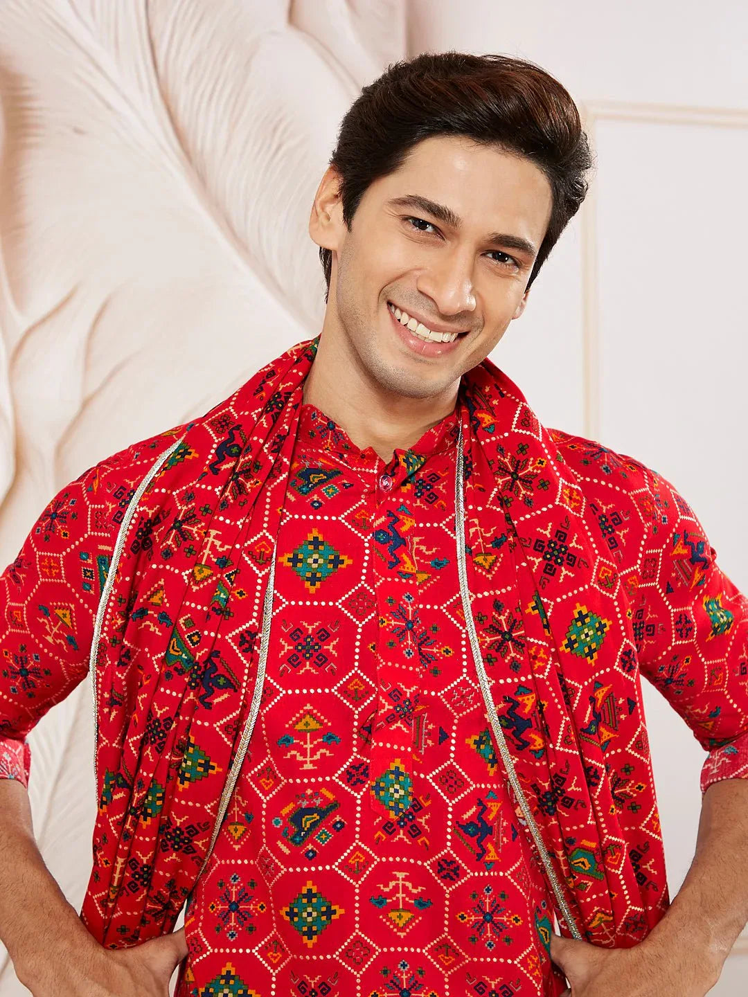 Men's Red Silk Blend Kurta Pyjama Dupatta Set