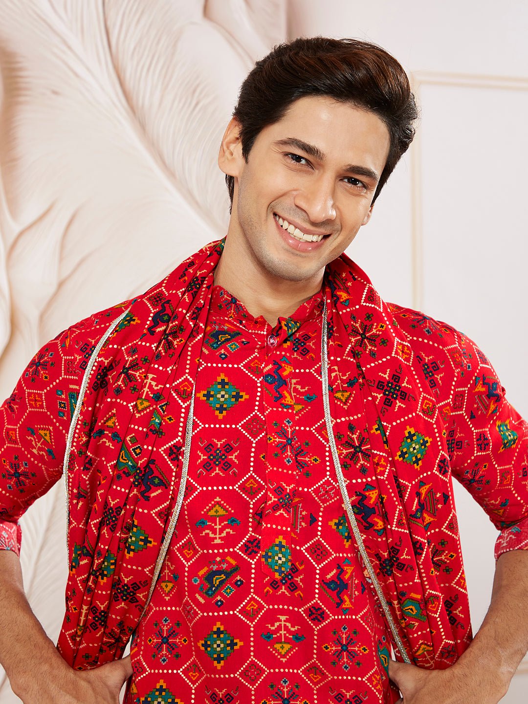 Men's Red Silk Blend Patola Kurta Pyjama & Dupatta Set