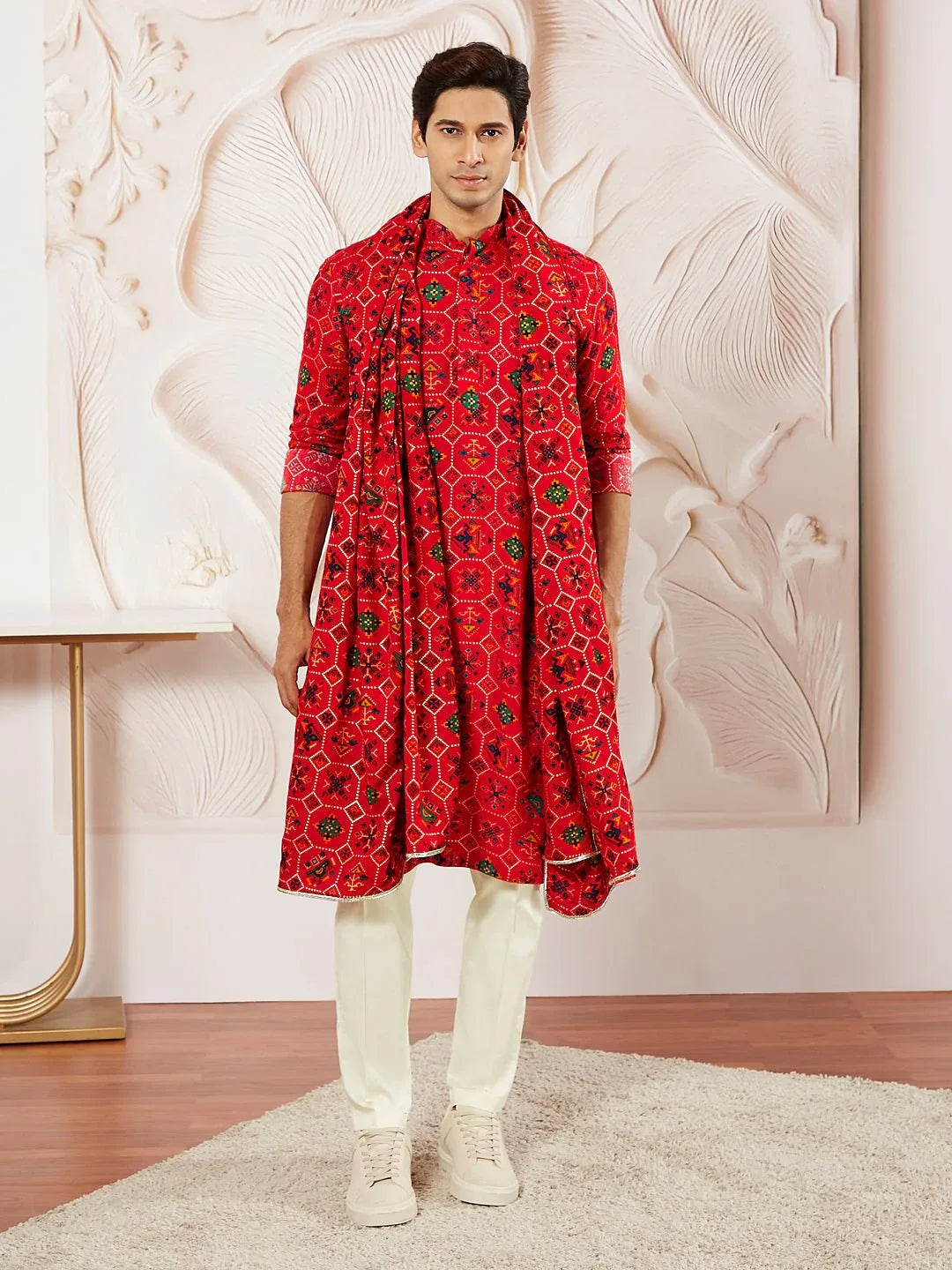 Men's Red Silk Blend Kurta Pyjama Dupatta Set