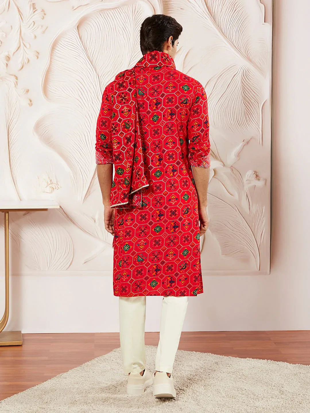 Men's Red Silk Blend Kurta Pyjama Dupatta Set