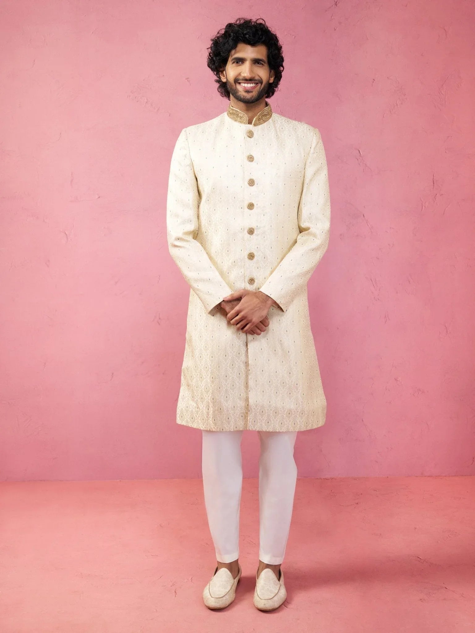 Men's Royal Blue Sherwani Set with Cream Pyjama