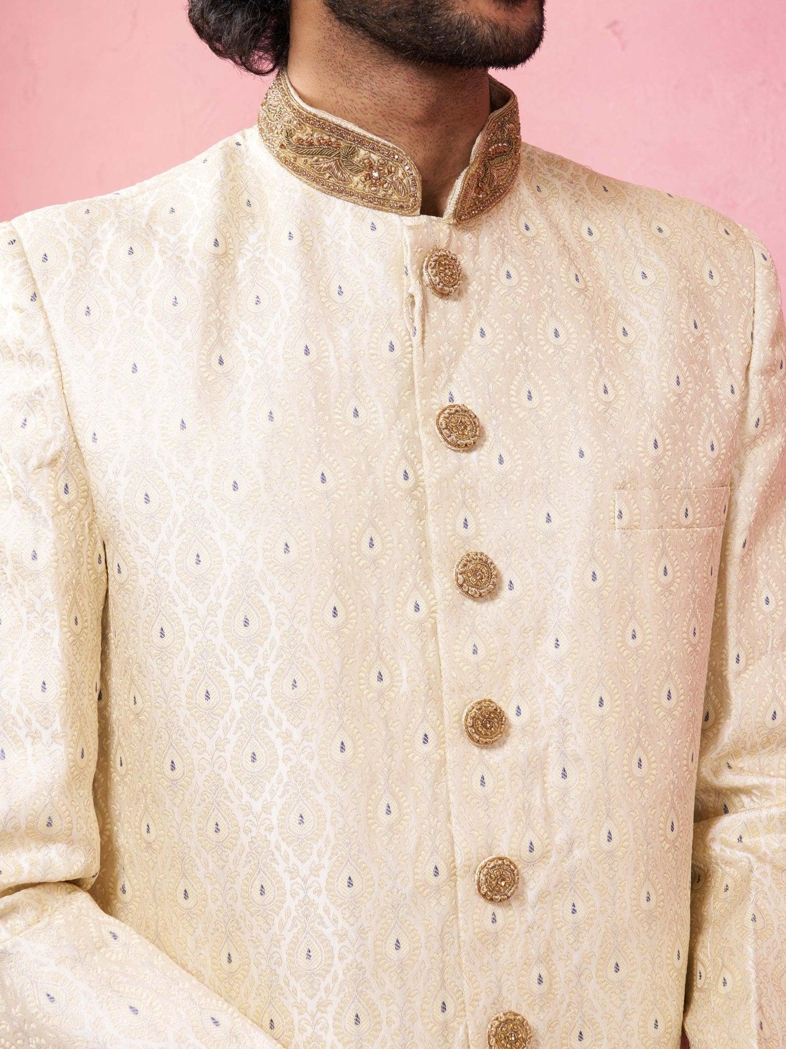 Men's Royal Blue Sherwani Set with Cream Pyjama