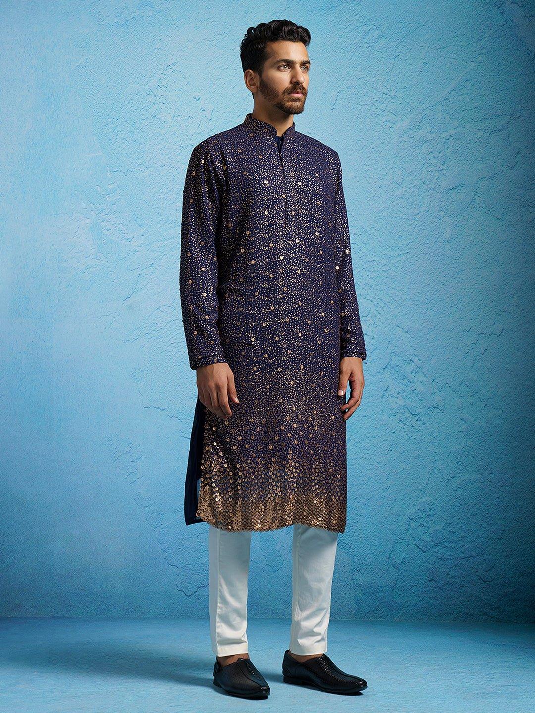 Men's Sequin Embroidered Georgette Kurta with Cream Satin Pyjama
