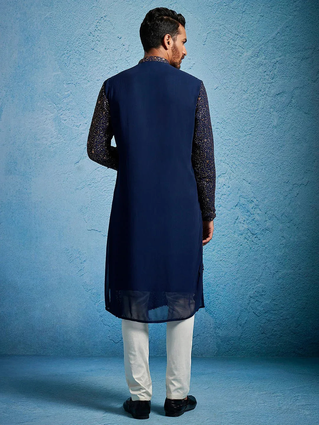 Men's Sequin Embroidered Georgette Kurta with Cream Satin Pyjama