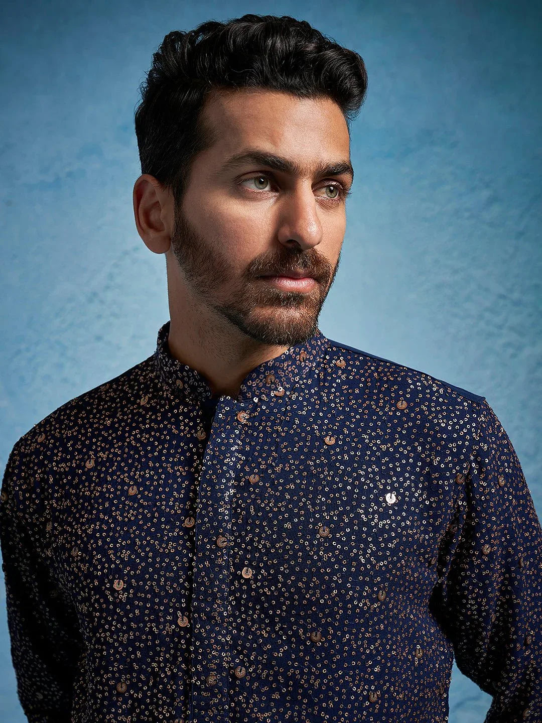 Men's Sequin Embroidered Georgette Kurta with Cream Satin Pyjama