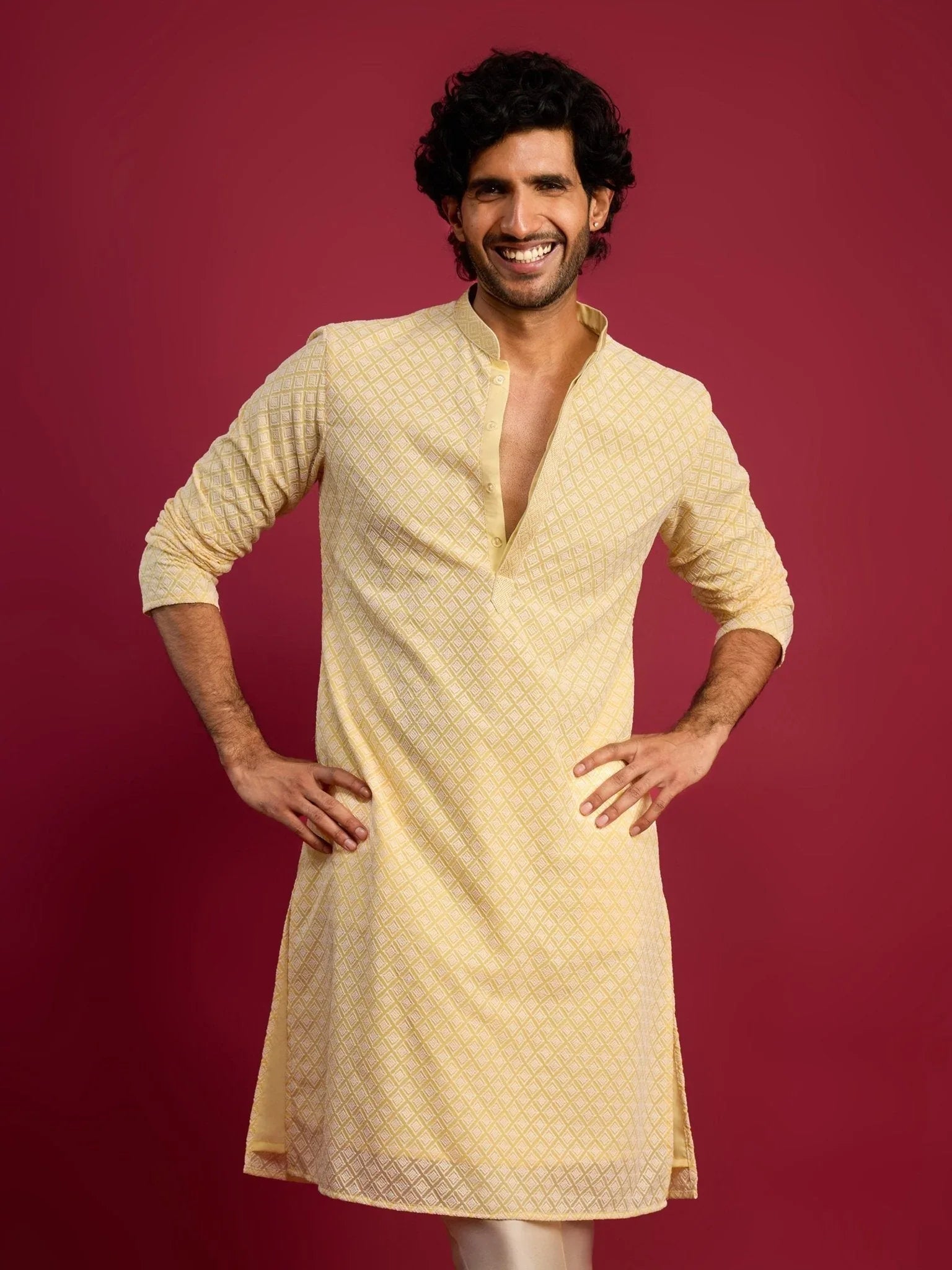 Men's Yellow Faux Georgette Thread Embroidered Long Kurta