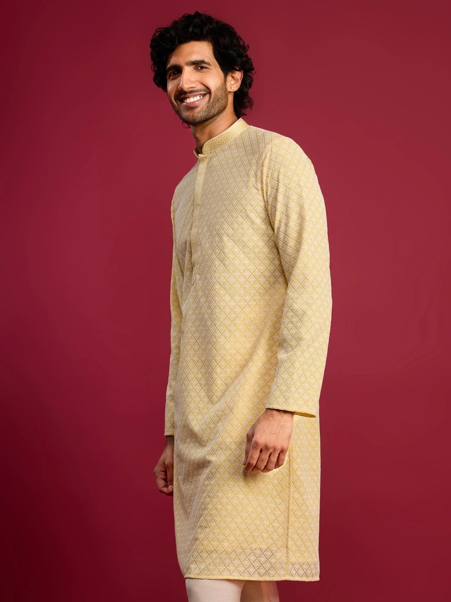 Men's Yellow Faux Georgette Thread Embroidered Long Kurta