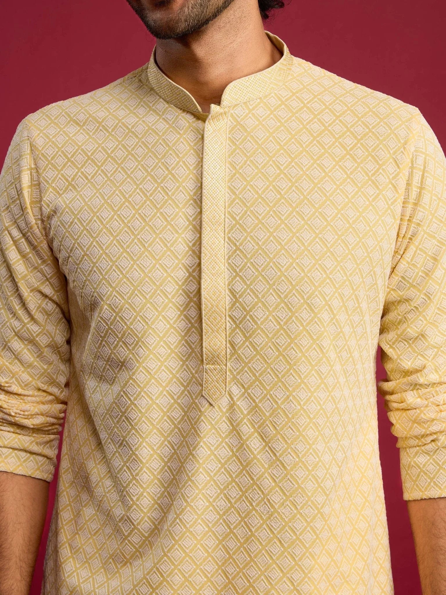 Men's Yellow Faux Georgette Thread Embroidered Long Kurta