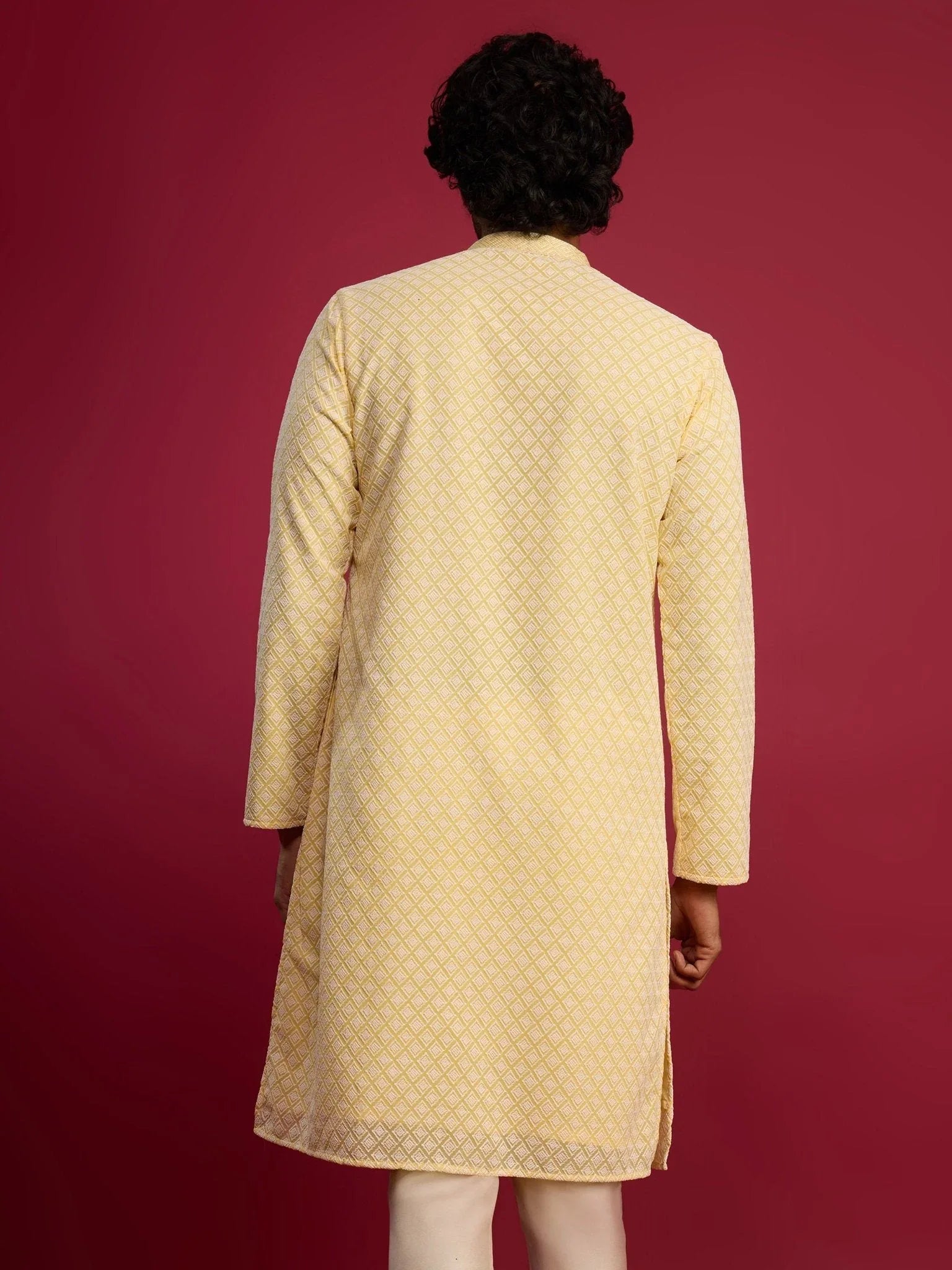Men's Yellow Faux Georgette Thread Embroidered Long Kurta