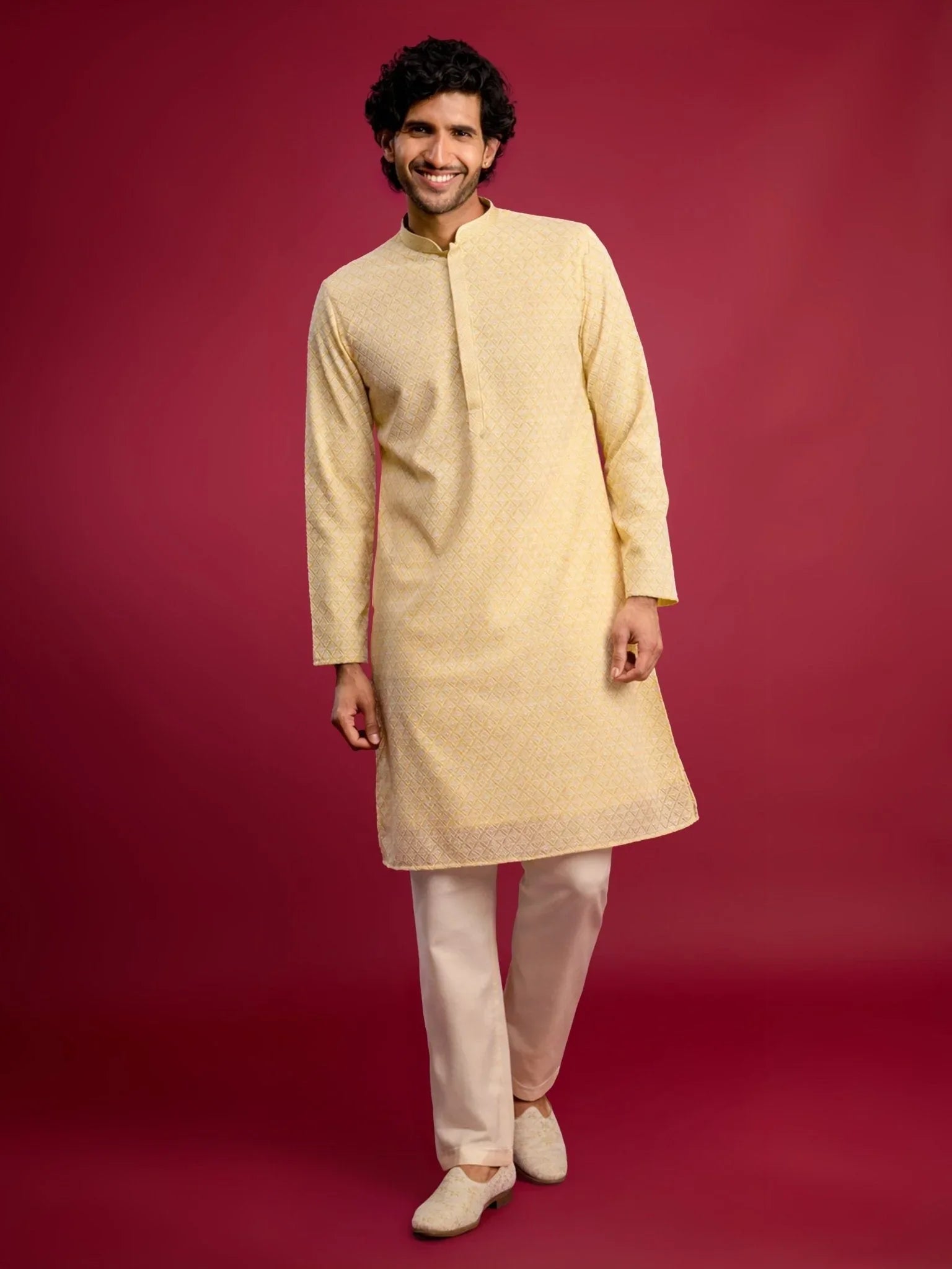 Men's Yellow Faux Georgette Thread Embroidered Long Kurta