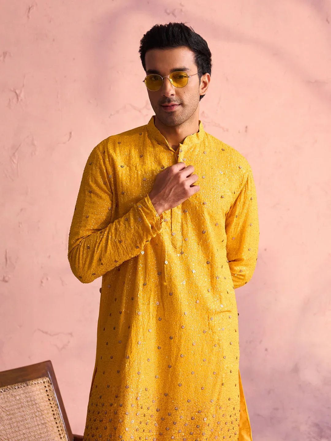 Men's Yellow Ombre Sequin Georgette Kurta with Cream Satin Pyjama