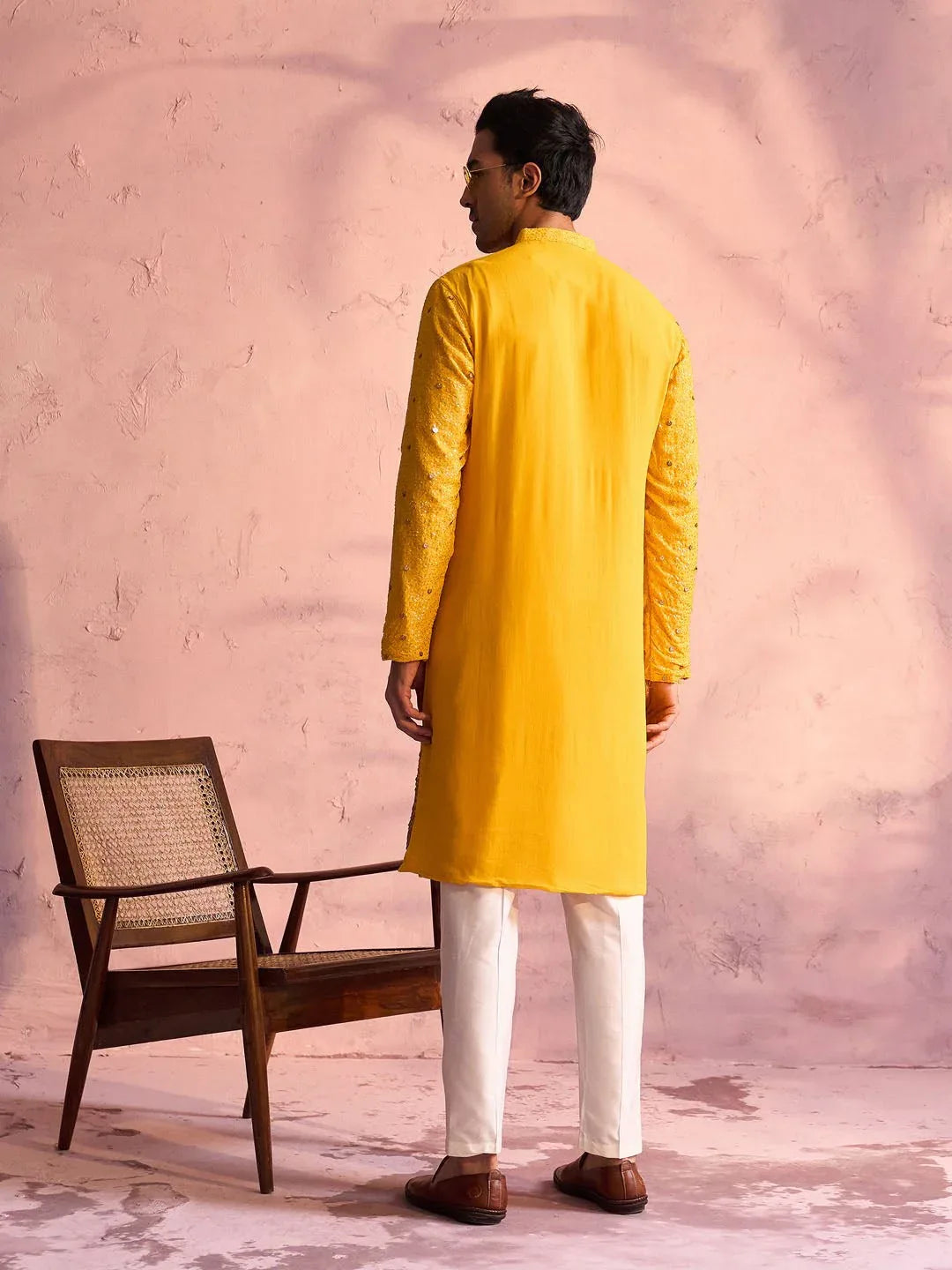 Men's Yellow Ombre Sequin Georgette Kurta with Cream Satin Pyjama