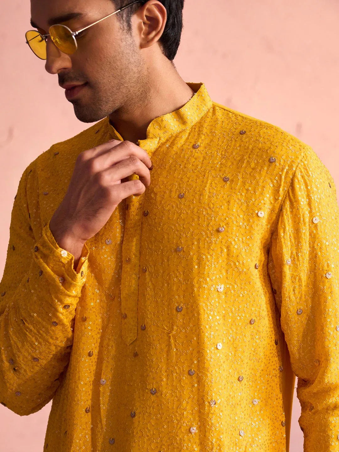 Men's Yellow Ombre Sequin Georgette Kurta with Cream Satin Pyjama