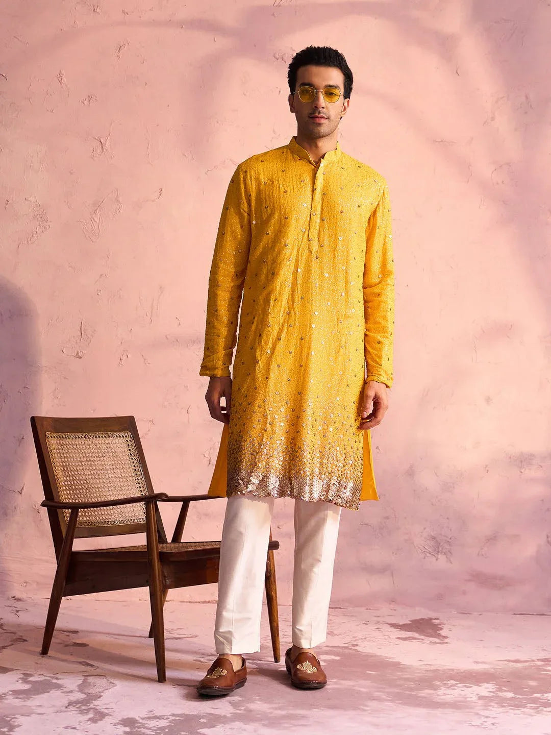 Men's Yellow Ombre Sequin Georgette Kurta with Cream Satin Pyjama