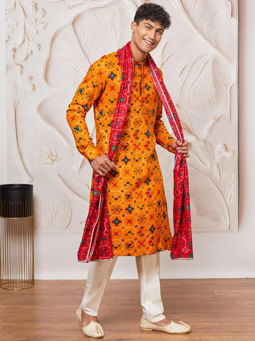 Men's Yellow Patola Print Silk Blend Kurta Pyjama Set with Red Printed Dupatta