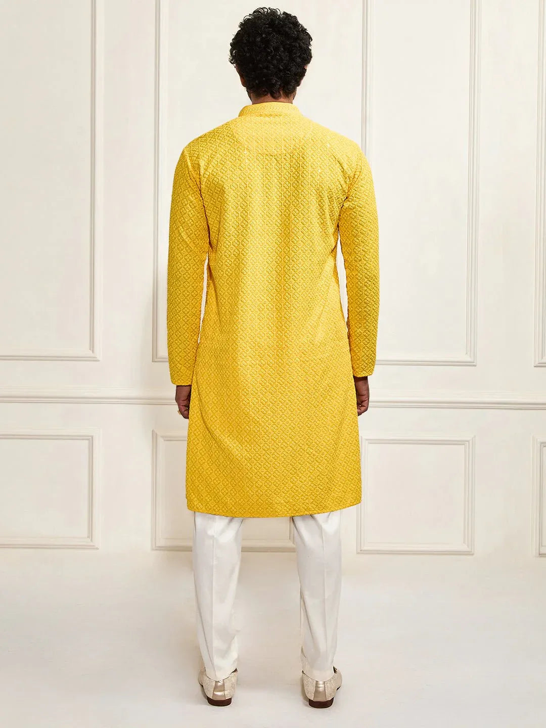 Men's Yellow Shifli Sequin Embroidered Kurta with Cream Pyjama Set