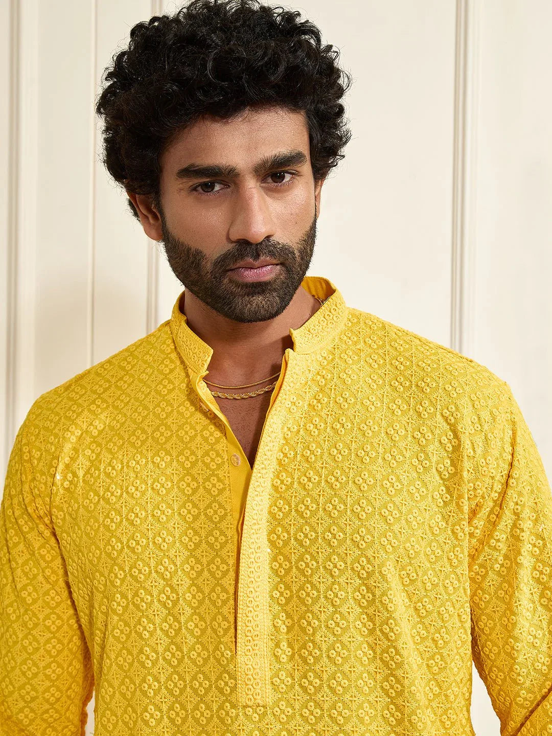 Men's Yellow Shifli Sequin Embroidered Kurta with Cream Pyjama Set