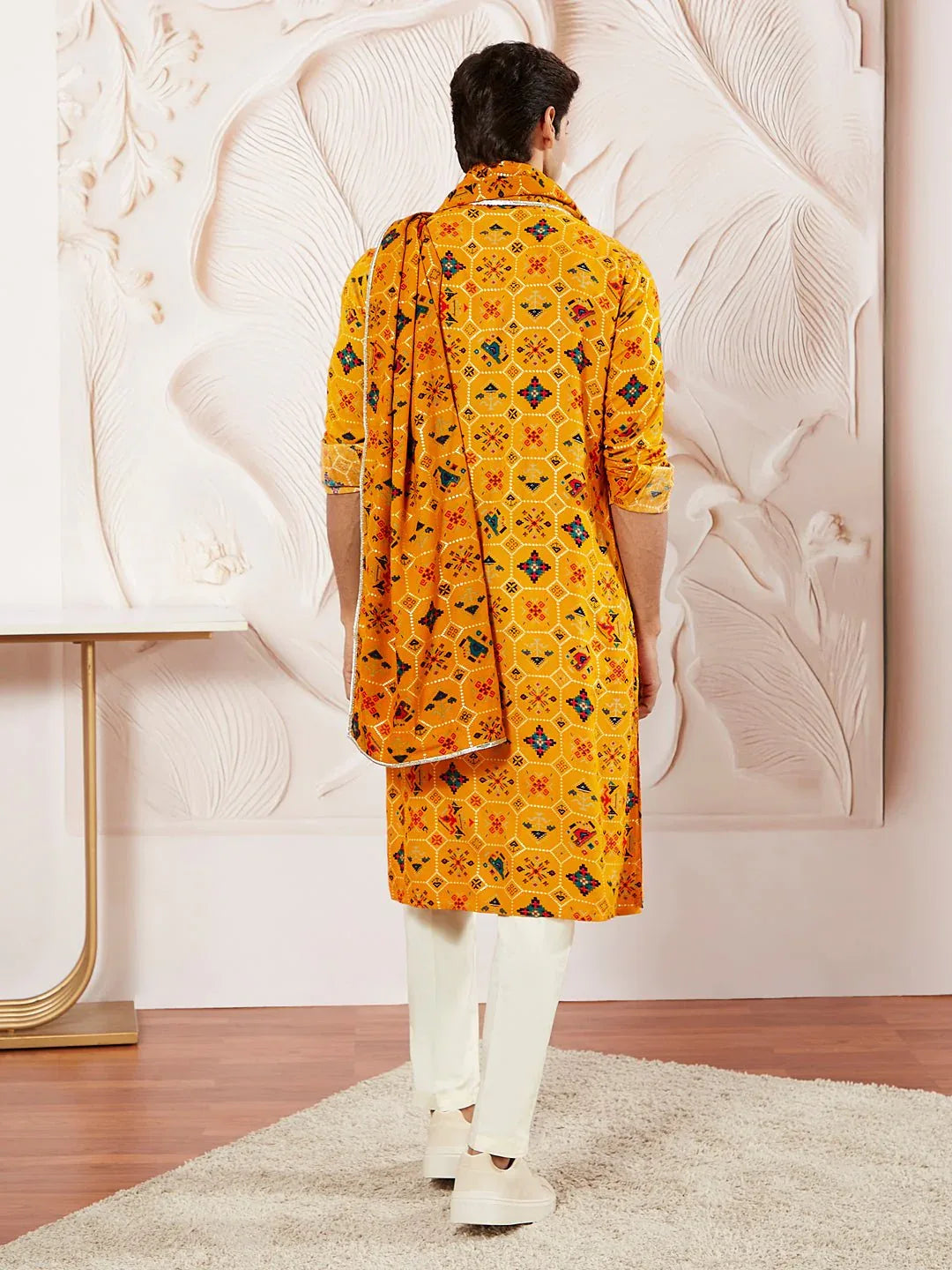 Men's Yellow Silk Blend Kurta Pyjama Dupatta Set