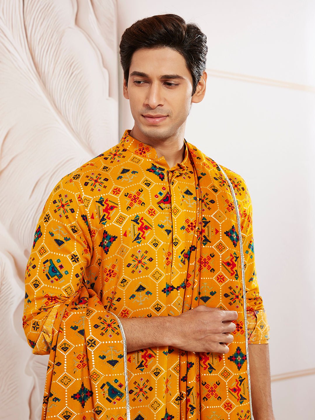 Men's Yellow Silk Blend Patola Kurta Pyjama & Dupatta Set